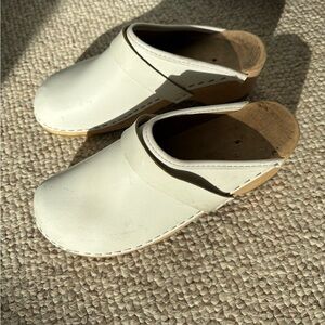 White Leather Wooden Clogs